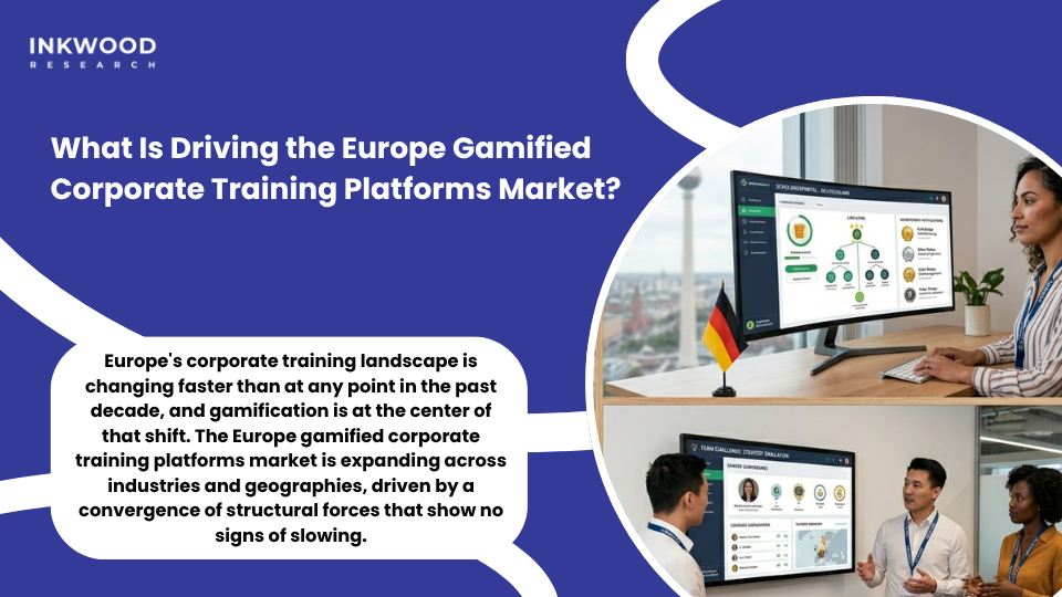 Europe gamified corporate training platforms market overview showing Germany and UK enterprise gamification growth alongside digital learning platforms and workforce training technology investment