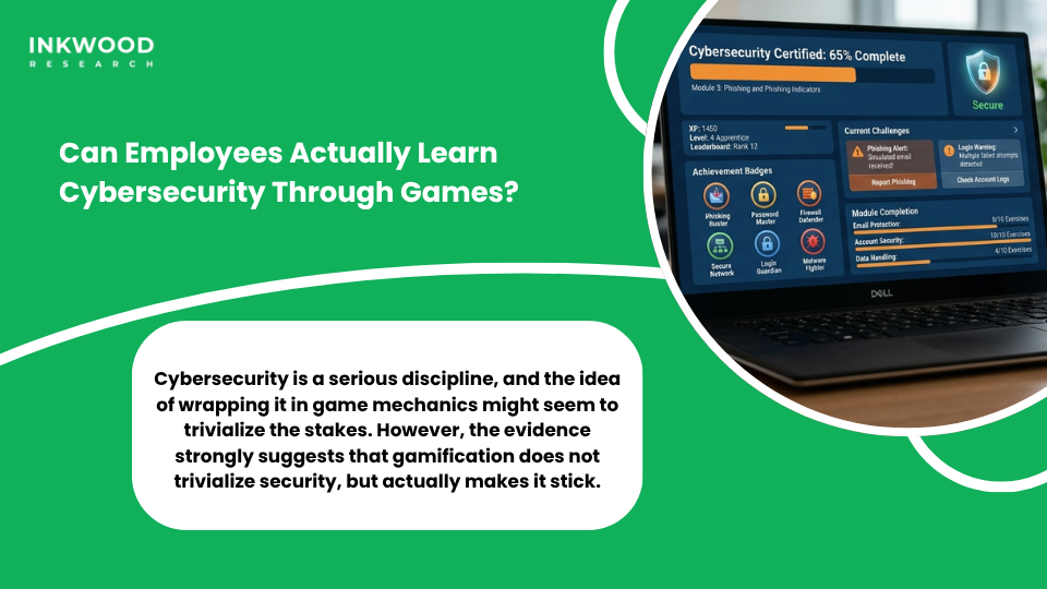 Employee completing gamified cybersecurity training phishing simulation interactive learning system showing workforce training technology effectiveness in U.S. enterprise