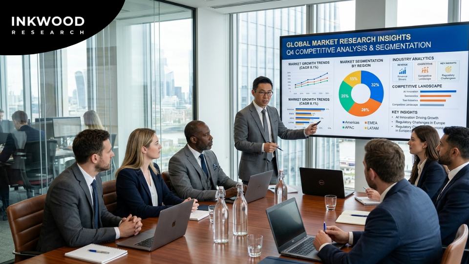 Business professionals analyzing third party market intelligence reports on a laptop, reviewing global market research data for strategic planning