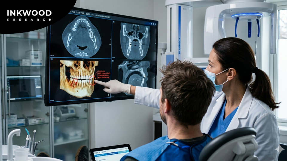Competitive landscape chart of the dental imaging market featuring key players including Dentsply Sirona, Envista (DEXIS), VATECH, Planmeca, Carestream Dental, and Midmark, highlighting recent product launches from 2024-2025