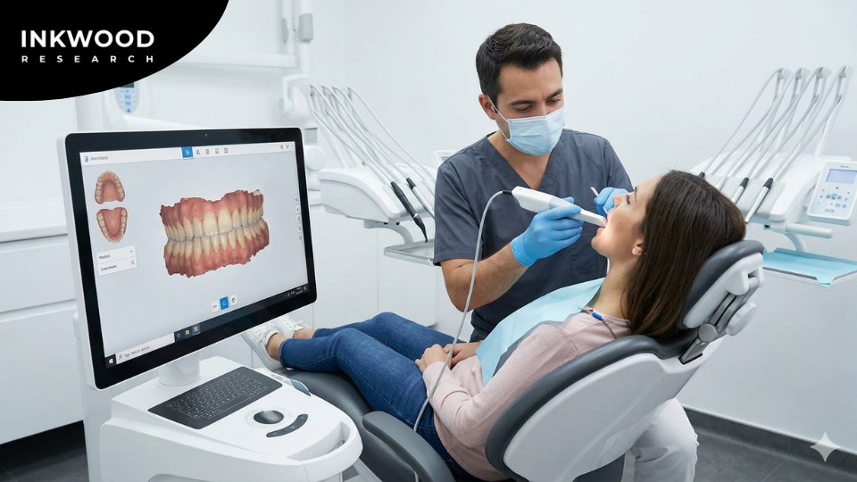 Visual showing growth drivers of the dental diagnostic imaging market including AI integration, aging population demographics, rising dental disease prevalence, digital dentistry workflow adoption, and government healthcare initiatives