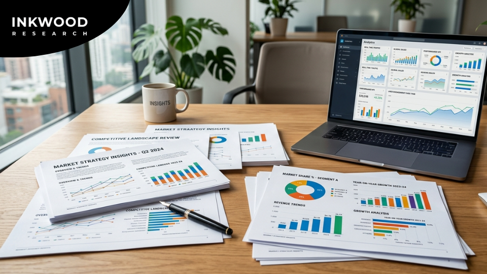 Industry analysts reviewing competitive market intelligence and industry analysis reports in a professional research environment