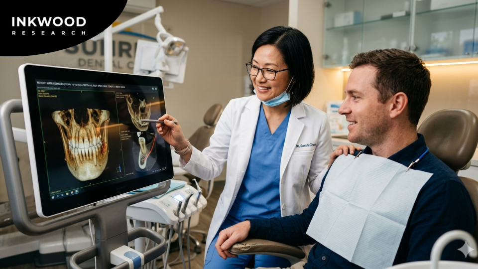 World map displaying regional dental imaging market analysis, North America leading region, Asia-Pacific as fastest-growing region, and Europe showing steady adoption of advanced dental radiology equipment through 2030