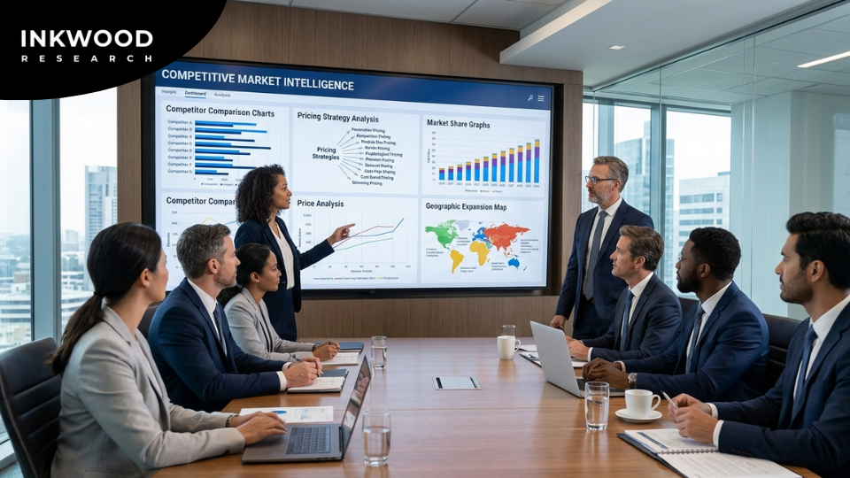 Competitive market intelligence analysis showing competitor strategies, product launches, partnerships, and market positioning to support proactive business decision-making