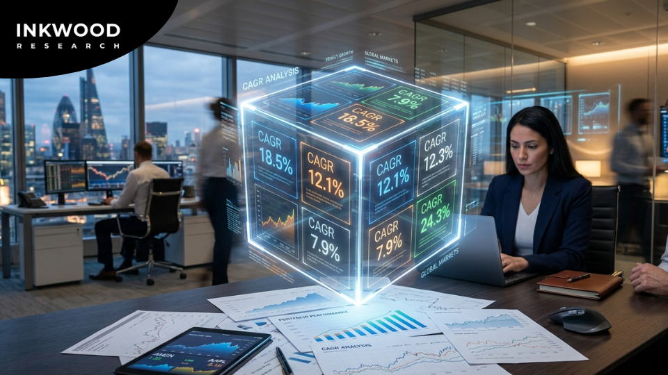 CAGR in market forecasting reports showing annual growth rate trend analysis and revenue growth projections used in investment decision metrics and industry growth forecast