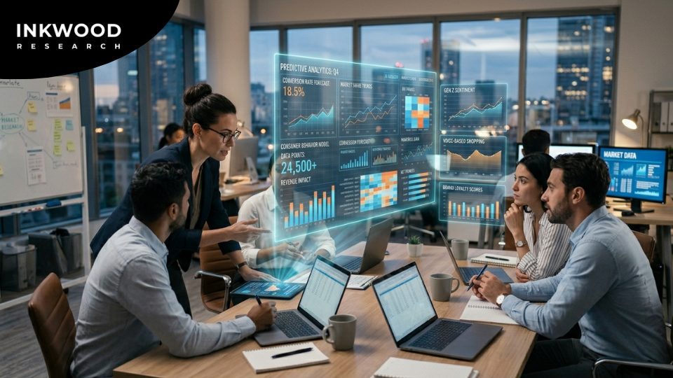 AI-powered market research tools showing automated data collection sentiment analysis and predictive analytics for business intelligence and consumer insights