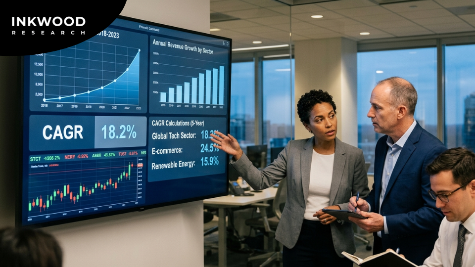 CAGR formula calculation example showing compound annual growth rate applied to market forecast analysis from base year to end year with financial modeling diagram