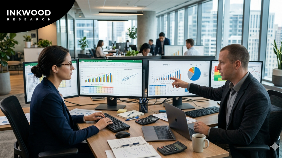 Analysts using top-down and bottom-up market sizing accuracy methods with data triangulation across supply-side and demand-side analysis frameworks
