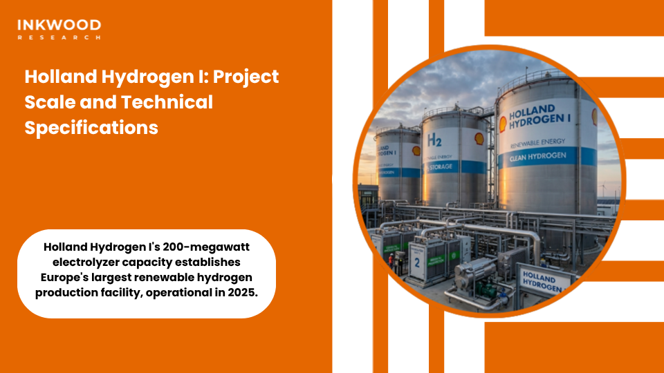 Holland Hydrogen I project featuring 200MW alkaline electrolysis facility producing industrial green hydrogen for Rotterdam Energy and Chemicals Park