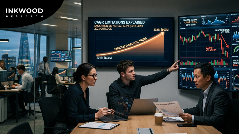 CAGR limitations in market research showing start and end point sensitivity, volatility masking, and exponential growth rate disruption risks in financial modeling