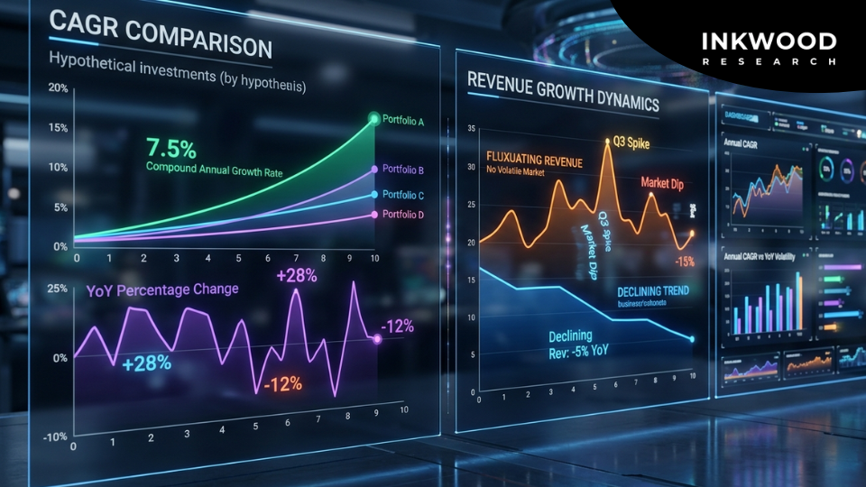 Professional market research reports on an executive desk displaying CAGR charts, YoY growth comparisons, absolute growth graphs, and revenue projection analytics, illustrating differences between key business growth metrics in market forecast analysis