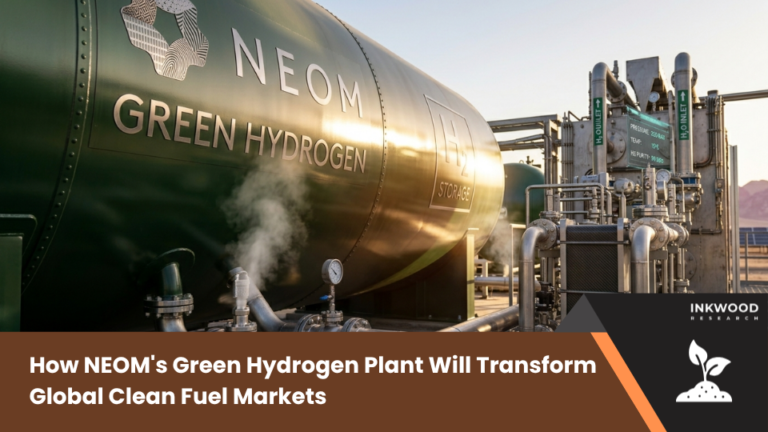 Track NEOM's $8.4B green hydrogen project producing 600 tonnes daily through PEM electrolysis and solar and wind power.