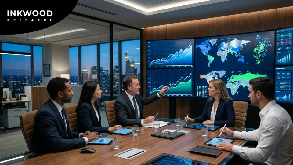 Investment analysts reviewing market forecast reports and industry growth forecasts on digital screens for strategic investment decision-making