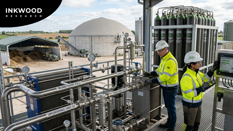 Bar chart showing global biogas market size growing from US$90.30 billion in 2026 to US$128.81 billion by 2034 at 4.54% CAGR, with country-level data for the US, China, Germany, and India biogas markets