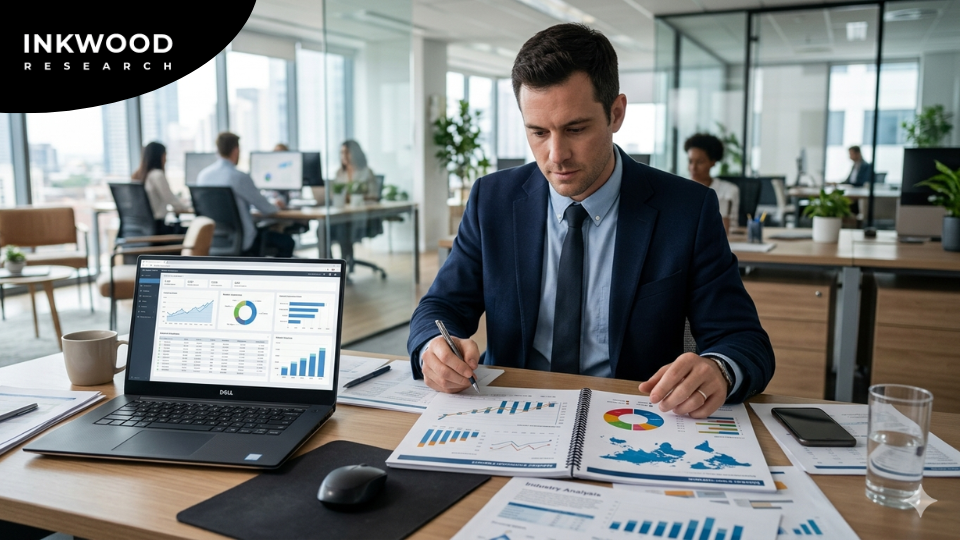 Investment committee reviewing a detailed market size forecast report featuring market valuation data, CAGR projections, segment-level analysis, regional forecasts, and industry growth trends. Financial analysts assess market intelligence, competitive dynamics, regulatory factors, and demand drivers to validate investment opportunities and acquisition strategies.
