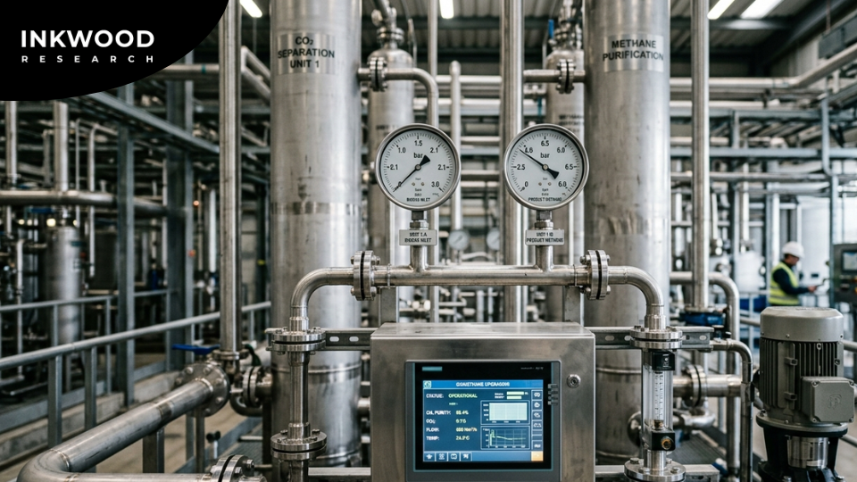 Infographic illustrating the three core biogas applications, biofuel and CBG production, electricity generation via CHP, and heat generation for domestic and industrial use, with key market examples