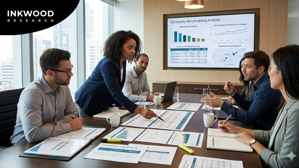 Business benchmarking KPIs and metrics showing industry performance measurement framework for competitive analysis and market positioning strategies