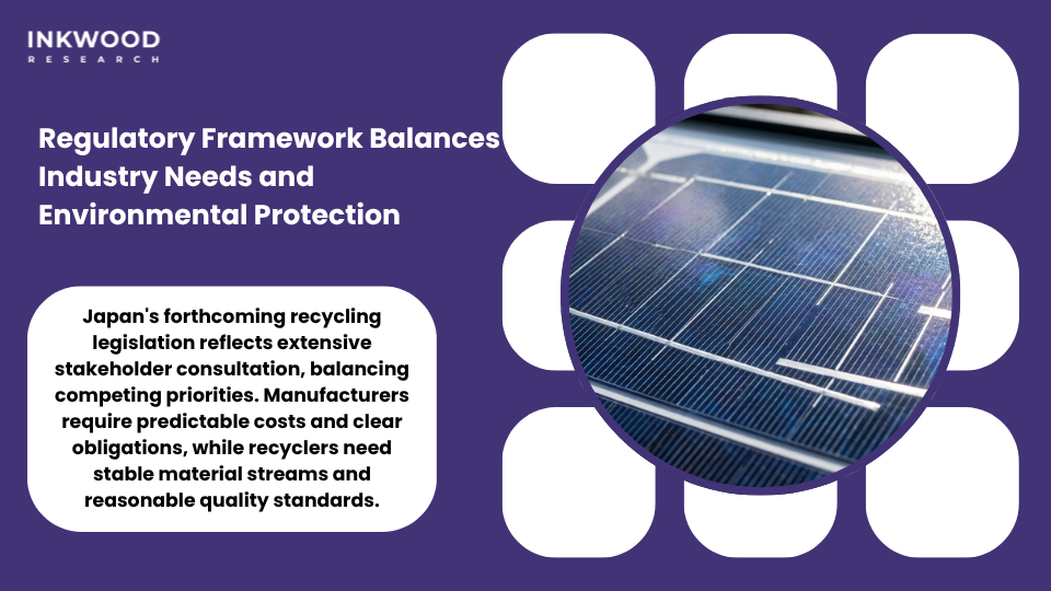 Japan's regulatory framework for solar panel recycling showing producer responsibility, third-party operations, and material traceability systems