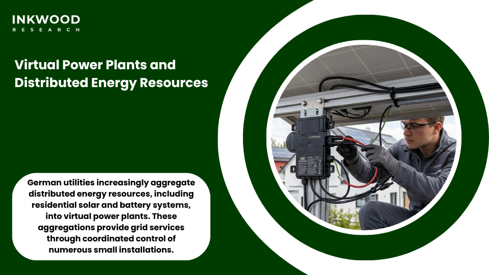 Network visualization showing virtual power plant aggregating distributed solar microinverter systems and battery storage across German renewable energy grid