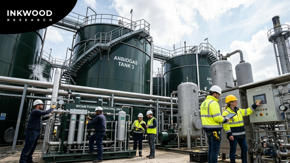 Competitive landscape map of global biogas companies including ENGIE, Shell, BP, Veolia, EnviTec Biogas AG, Air Liquide, and Hitachi Zosen Inova with market positioning across Europe, North America, and Asia-Pacific