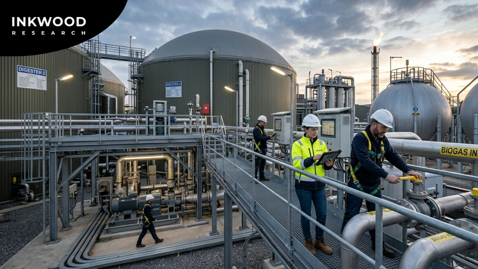 Visual showing compressed biogas (CBG) transportation applications including buses and trucks, European biomethane fueling stations, and India's SATAT-commissioned CBG filling station network through 2034