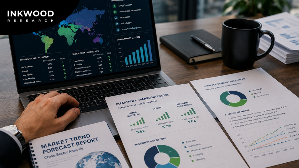 Global market forecasts map showing industry growth projections across regions for geographic diversification in investment portfolio strategy