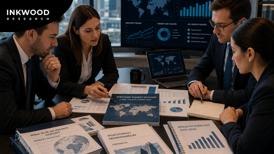 M&A due diligence team reviewing strategic market outlook report and global industry investment reports for transaction valuation analysis