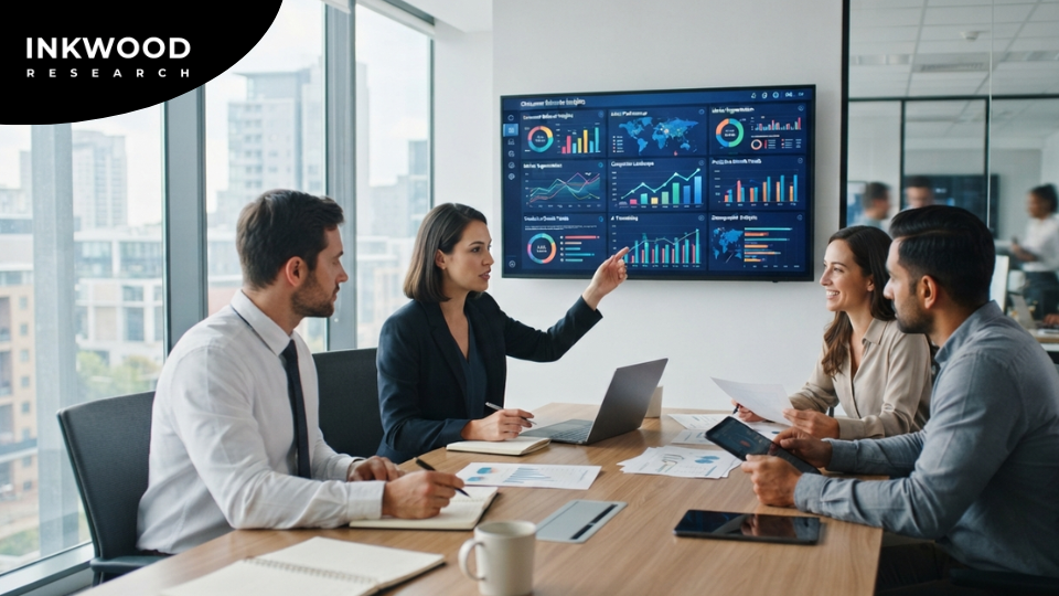 AI in market research dashboard showing automated data analysis, machine learning insights, and real-time consumer intelligence for industry strategy
