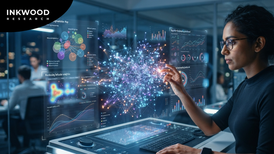 Market research automation data collection ecosystem showing social listening tools, behavioral analytics, API integrations, and AI-powered survey platforms feeding real-time consumer insights