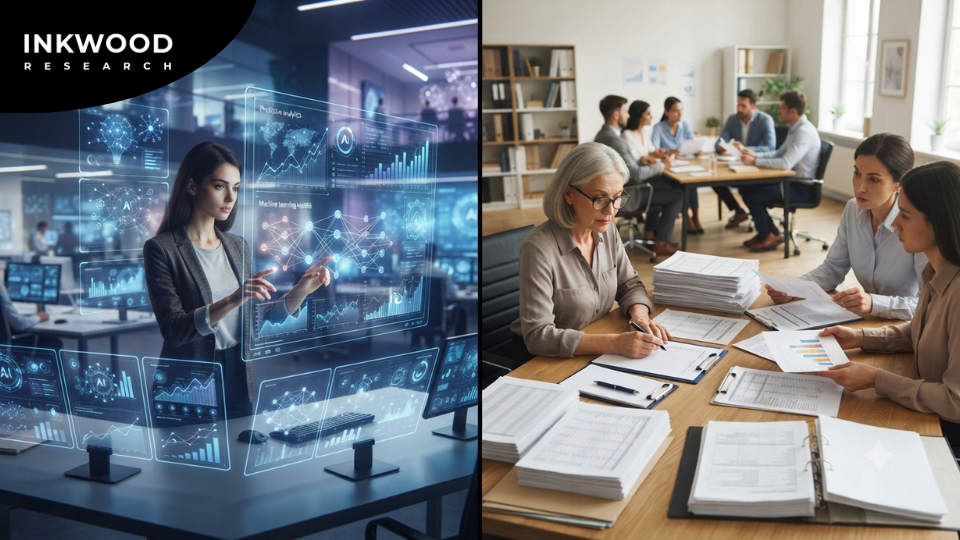 Market research speed comparison showing AI market research tools delivering real-time consumer insights versus traditional research timeline of weeks and months for data collection and analysis