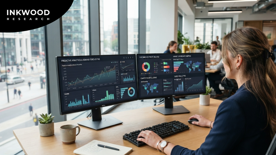 Machine learning predictive analytics model for industry intelligence showing demand forecasting, sentiment trend analysis, and AI-powered market opportunity mapping