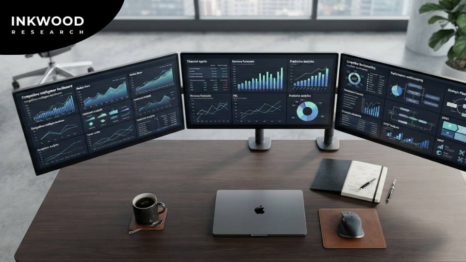 Large language models competitive market research showing document sources including earnings transcripts patent filings regulatory submissions and job postings for AI-generated competitive intelligence insights