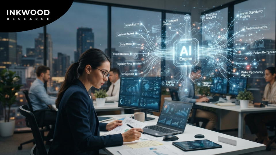 AI-powered research tools competitive analysis dashboard showing NLP sentiment analysis, real-time consumer insights monitoring, and automated industry intelligence alerts