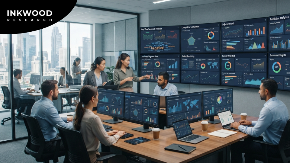 Leading AI in market research companies including Qualtrics, Medallia, Brandwatch, and Meltwater showcasing automated data analysis tools and industry intelligence platforms