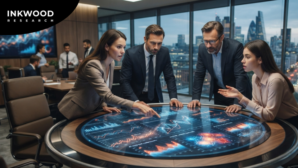 Strategic applications of predictive analytics in market research showing pricing optimization, customer lifetime value prediction, new market entry assessment, and demand forecasting tools for competitive advantage