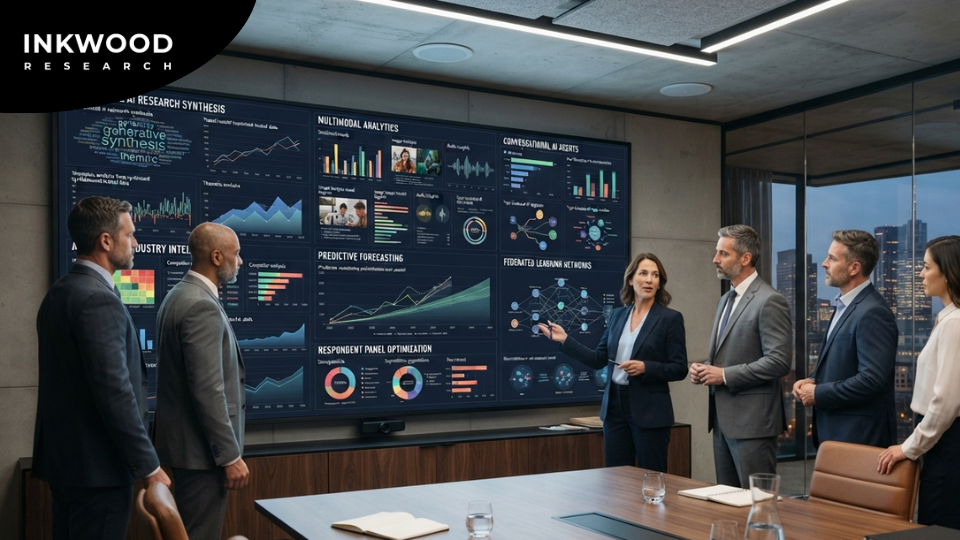 Latest AI market research technology developments including generative AI synthesis, multimodal analysis, conversational research agents, and federated learning for consumer insights
